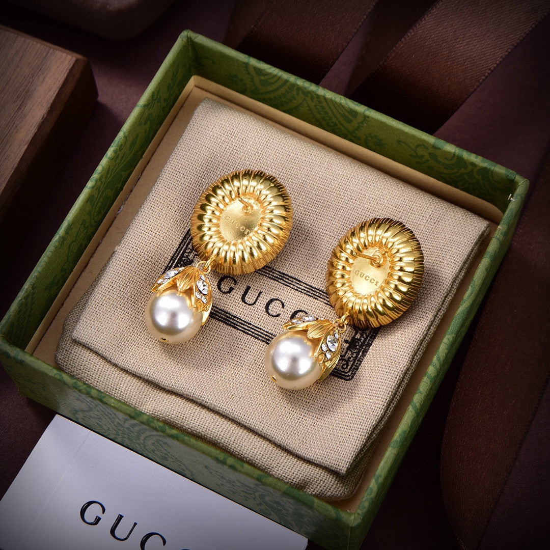 Gucci Double G Pearl Earrings - 18K Yellow Gold