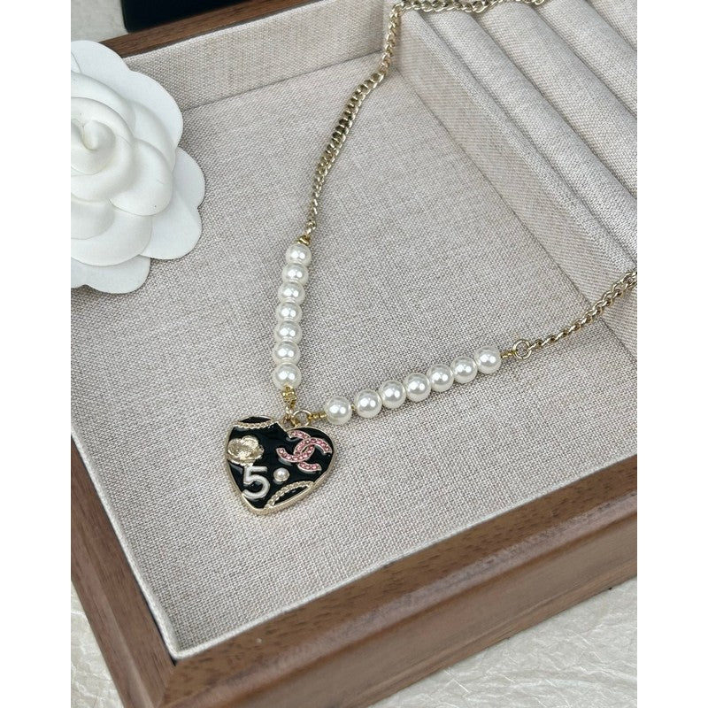 Chanel Pink & Black Heart Pearl Necklace