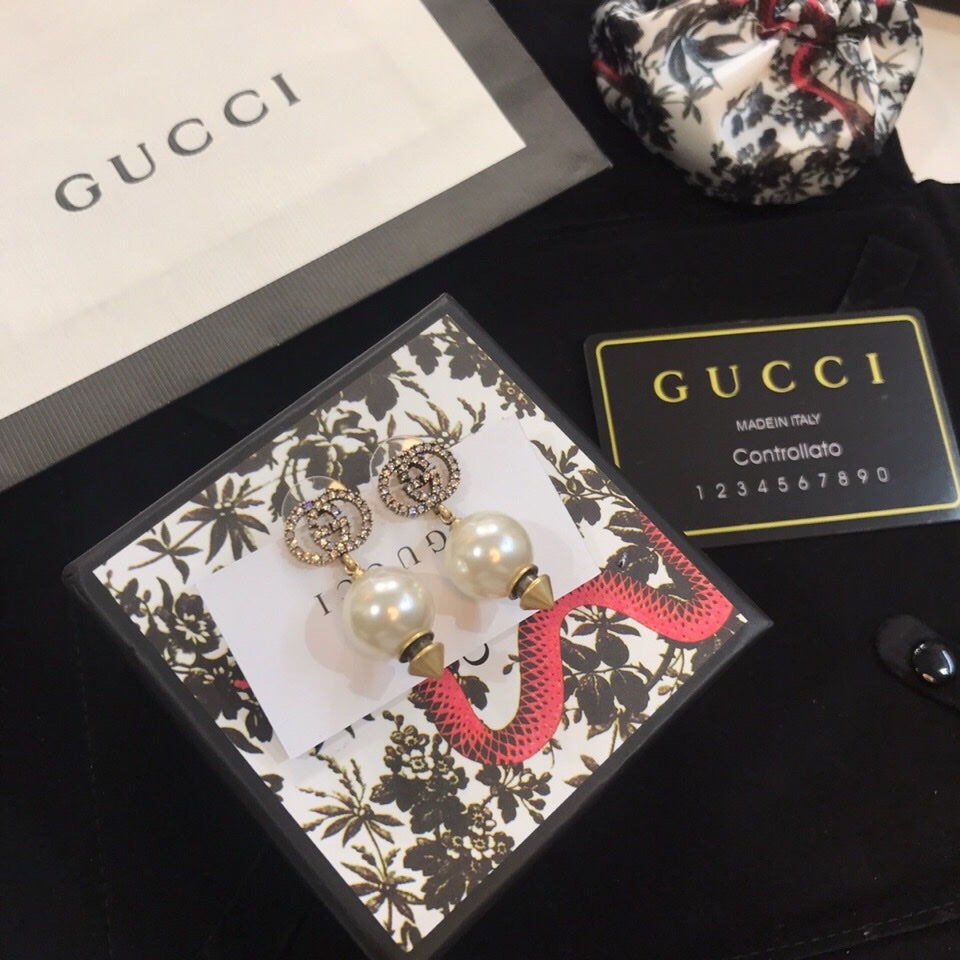 Gucci Double G Pearl Pendant Earrings - 18K Yellow Gold