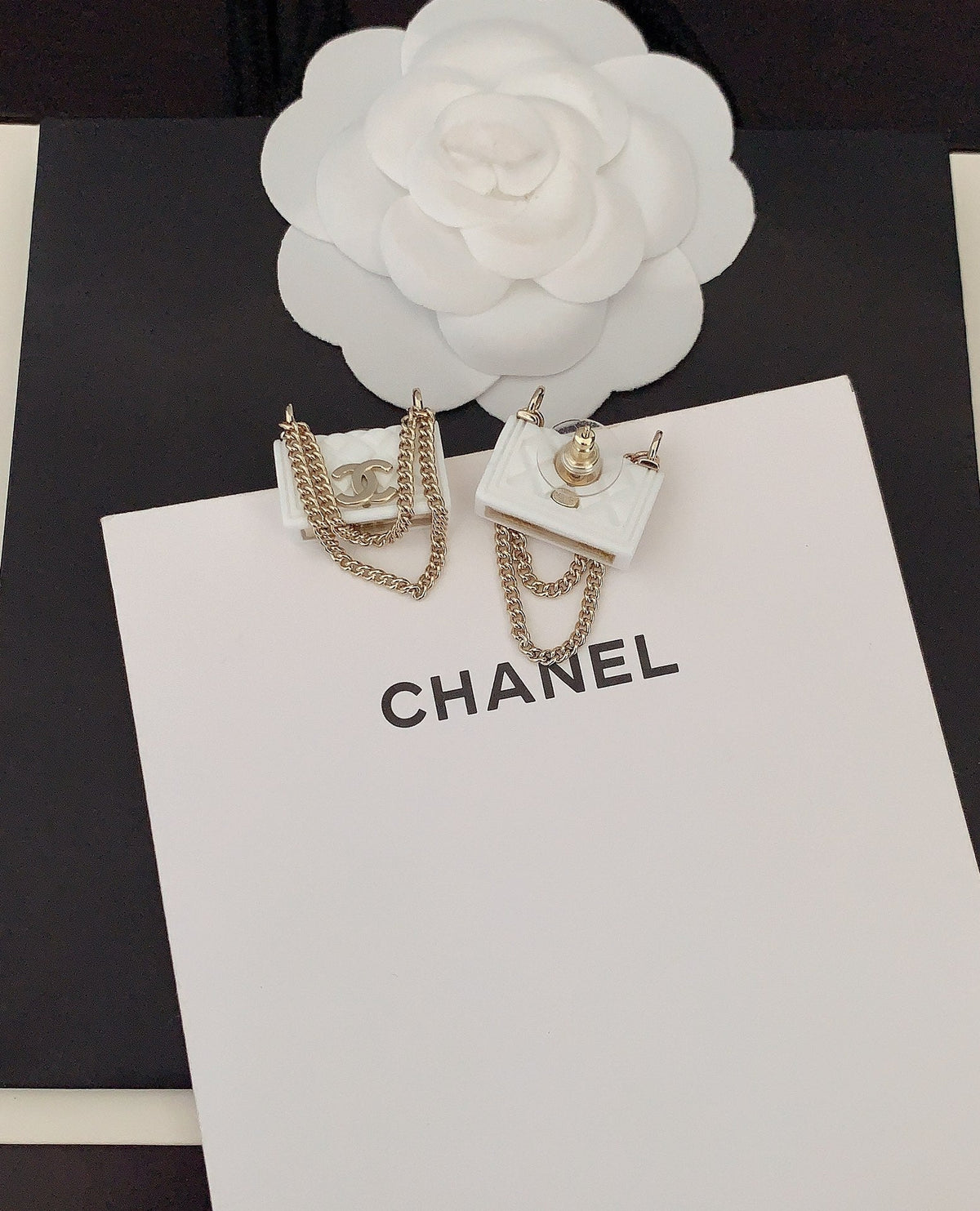 Chanel White Bag Earrings - 18K Yellow Gold