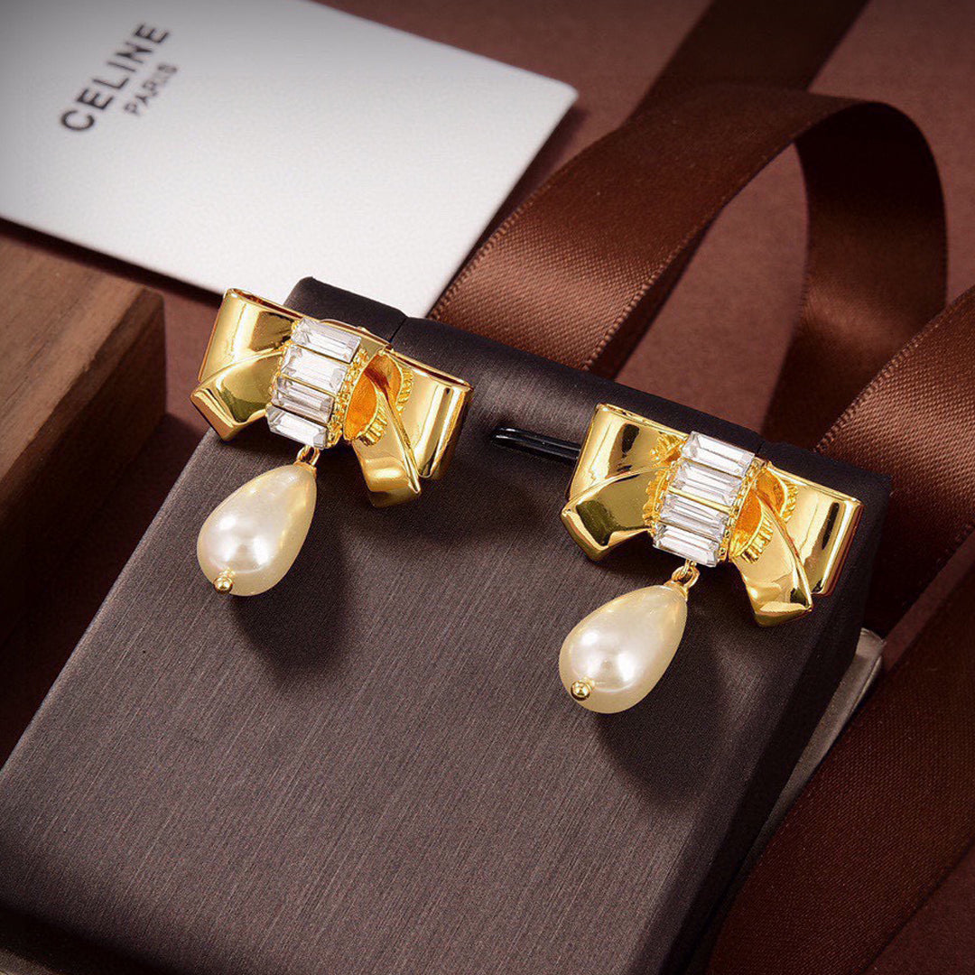 Celine Triomphe Butterfly Pearl Pendant Earrings - 18K Yellow Gold