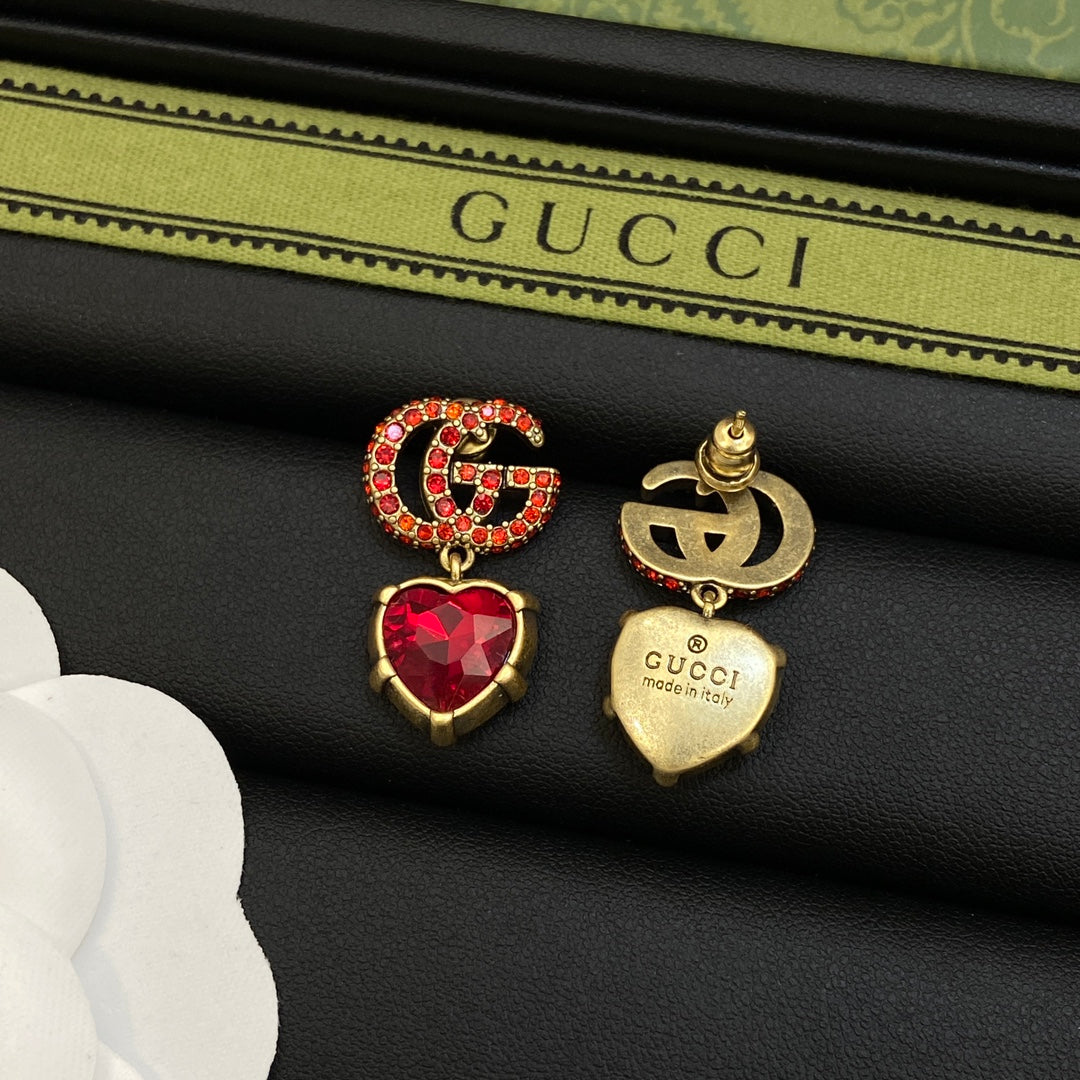 Gucci Double G Red Crystal Earrings - 18K Yellow Gold