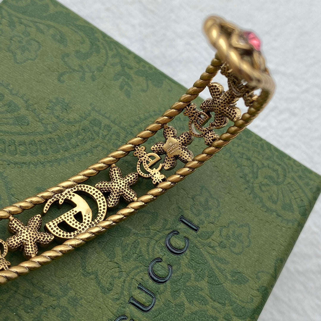 Gucci Double G Red Crystal Flower Cuff Bracelet