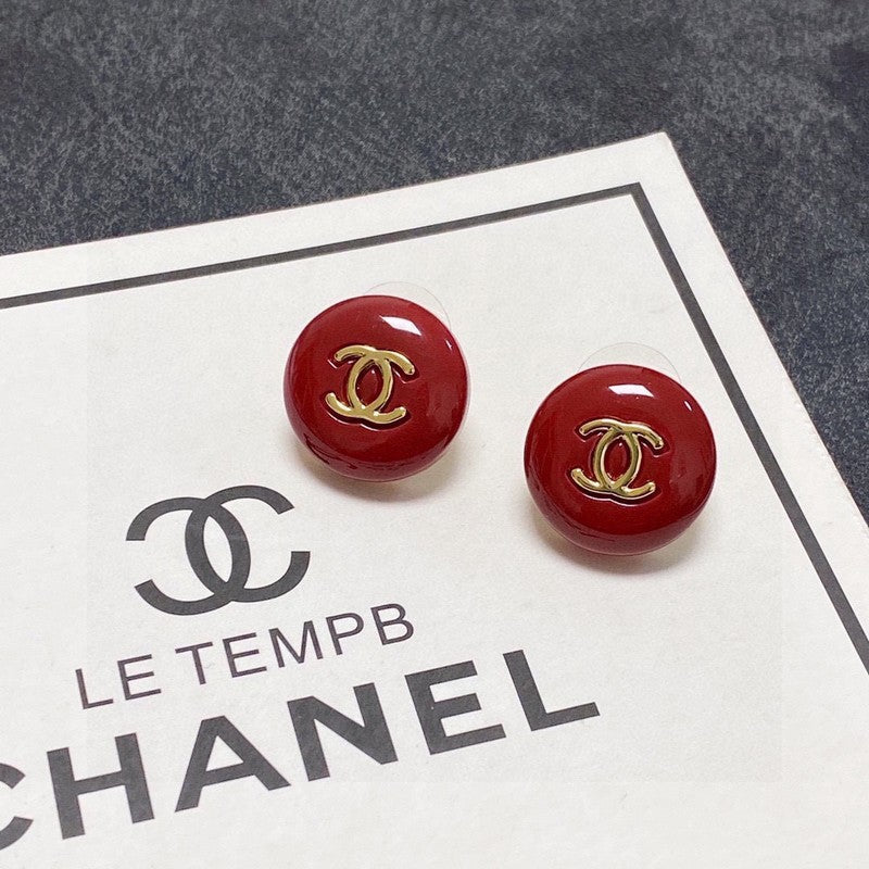 Chanel Wine Red Round Earrings - 18K Yellow Gold