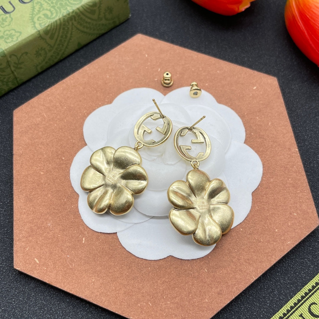 Gucci Double G Color Crystals Flower Earrings - 18K Yellow Gold