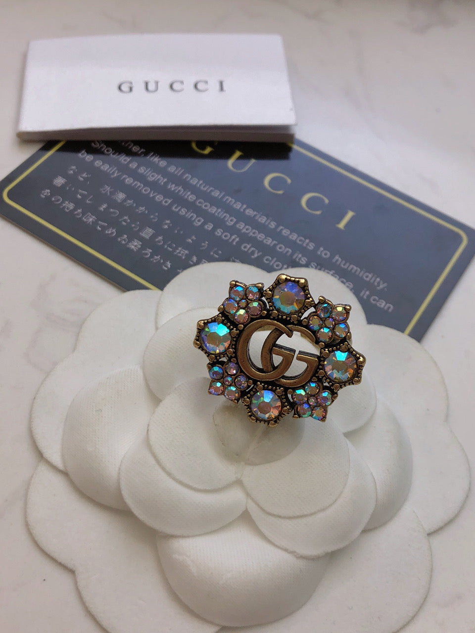 Gucci Double G Crystal Flower Ring - 18K Yellow Gold