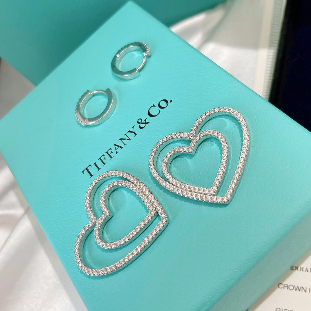 Tiffany Double Heart Diamond Earrings - 18K White Gold