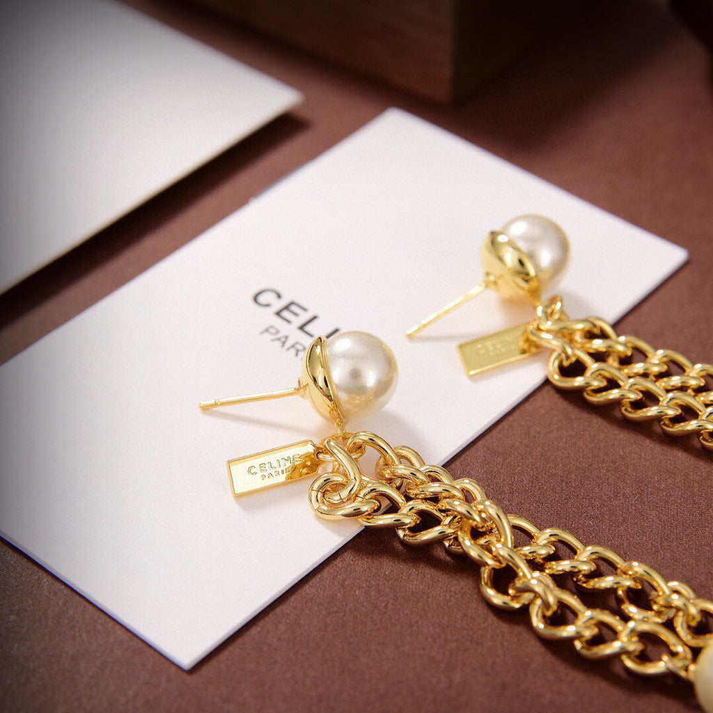Celine Triomphe Pearls Long Earrings - 18K Yellow Gold