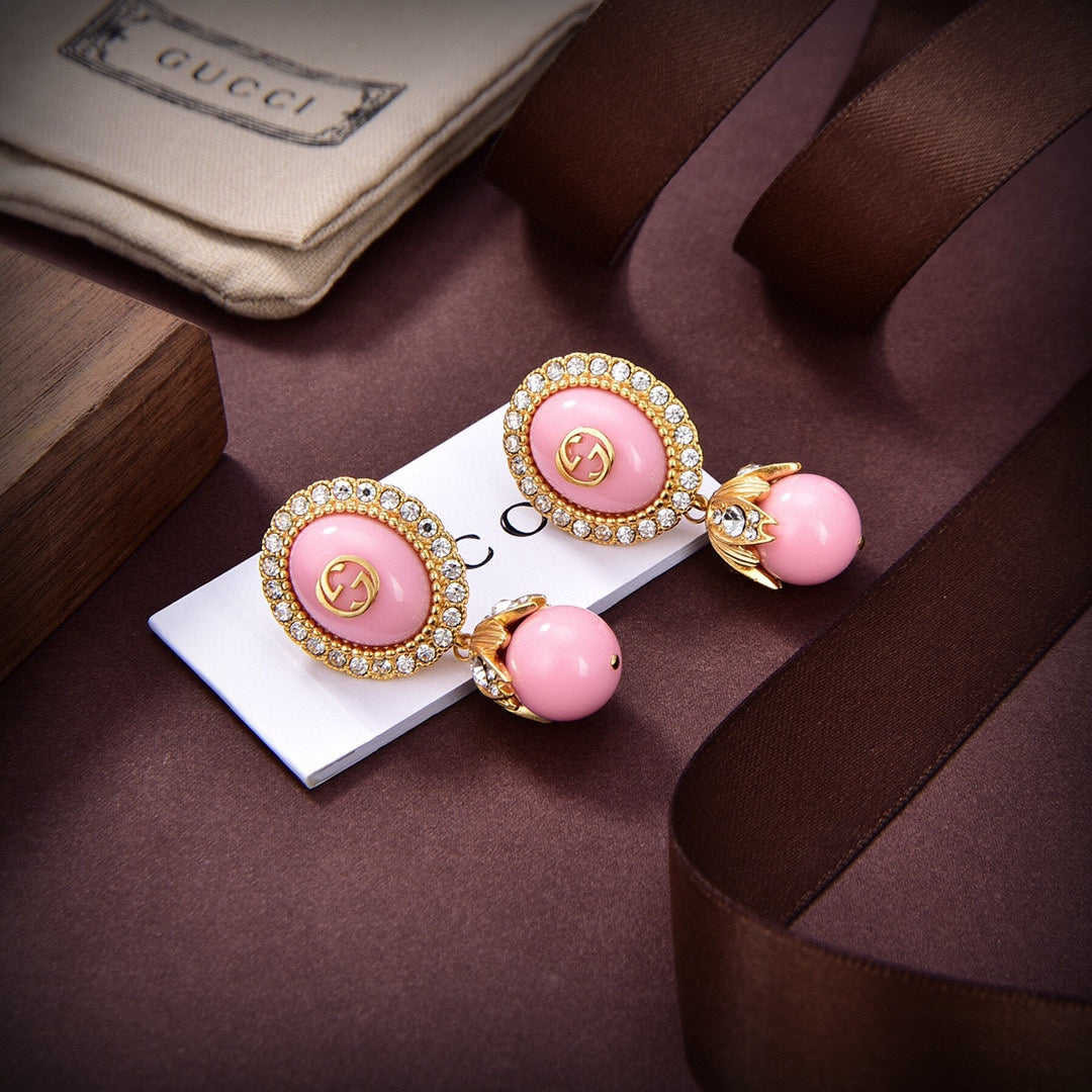 Gucci Double G Pink Pearl Earrings - 18K Yellow Gold