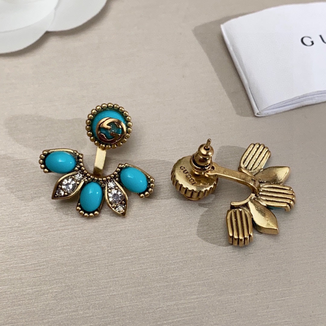 Gucci Double G Blue Flowers Earrings - 3.5 cm Height - 18K Yellow Gold