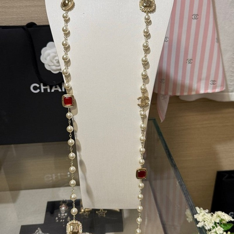 Chanel Long Pearl Red Crystal Necklace
