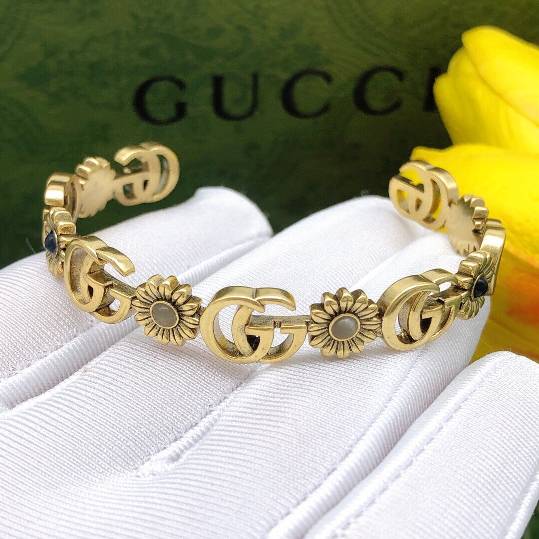 Gucci Double G Flowers Open Cuff Bracelet