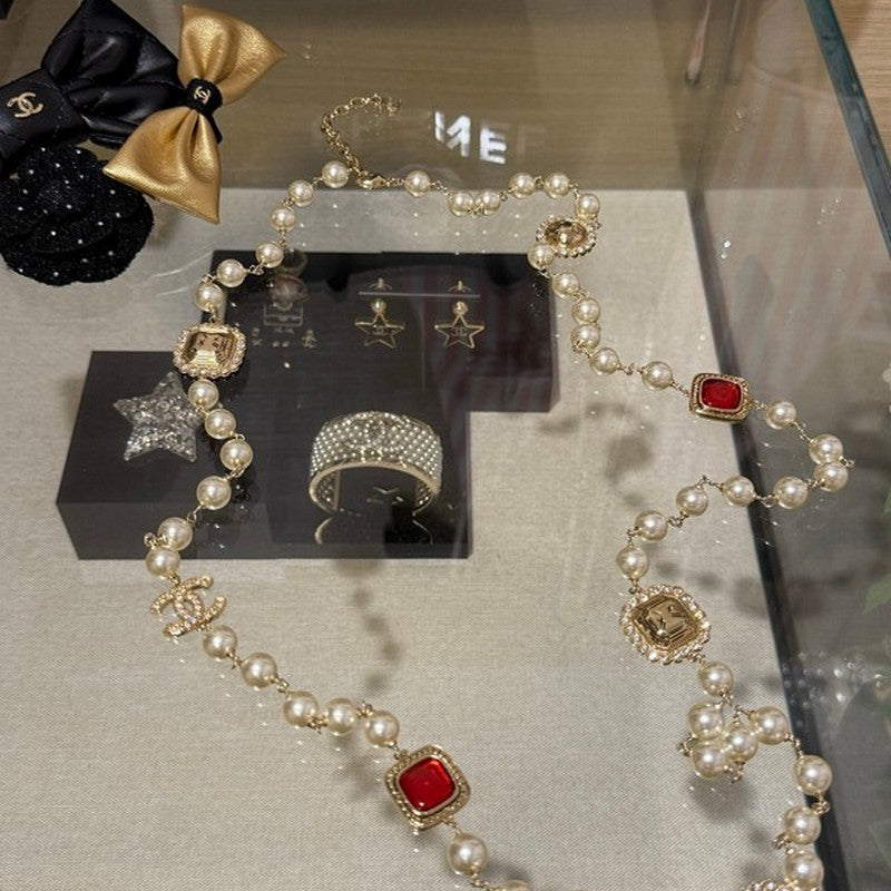 Chanel Long Pearl Red Crystal Necklace