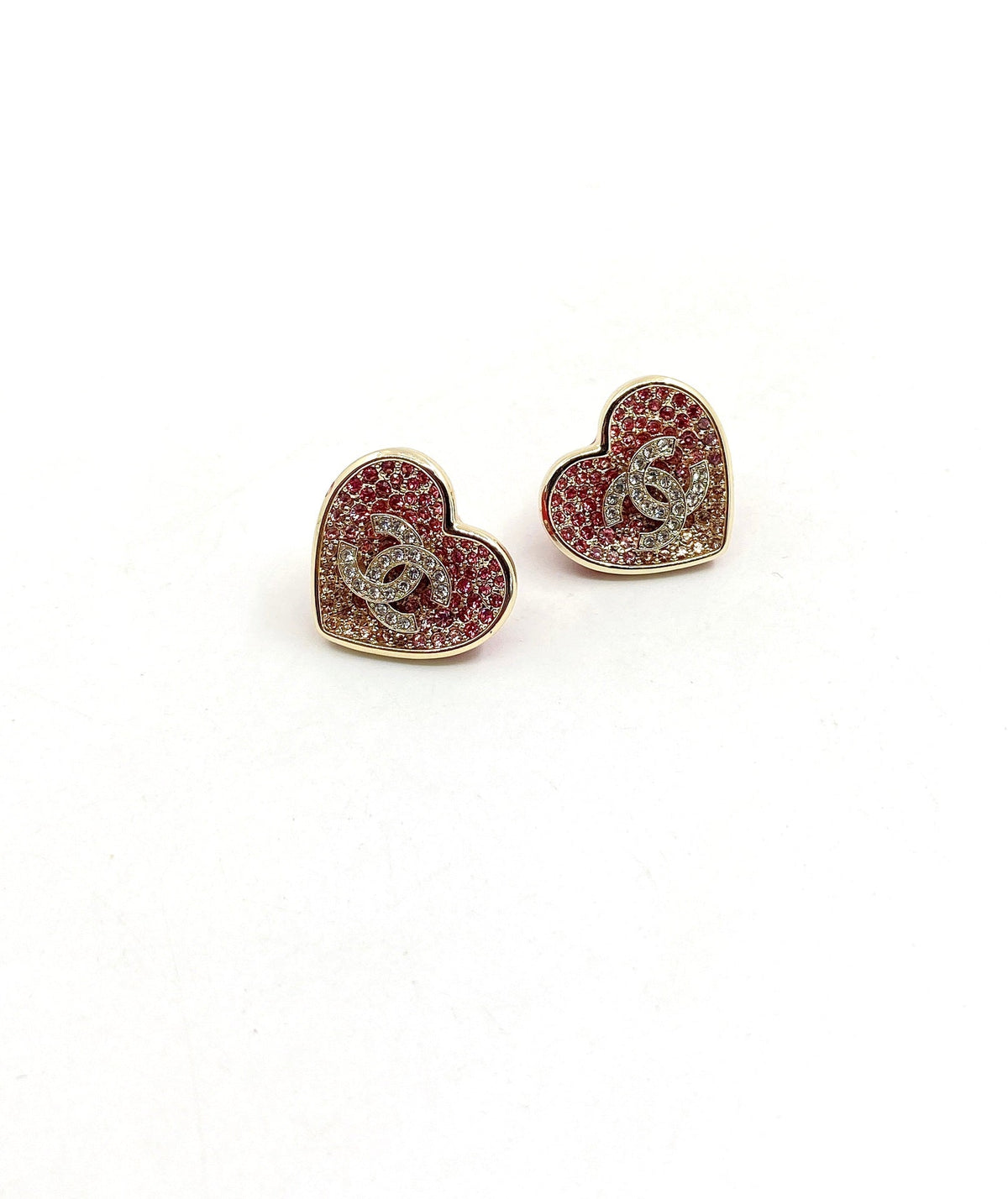 Chanel Diamond Pink Heart Earrings - 18K Yellow Gold