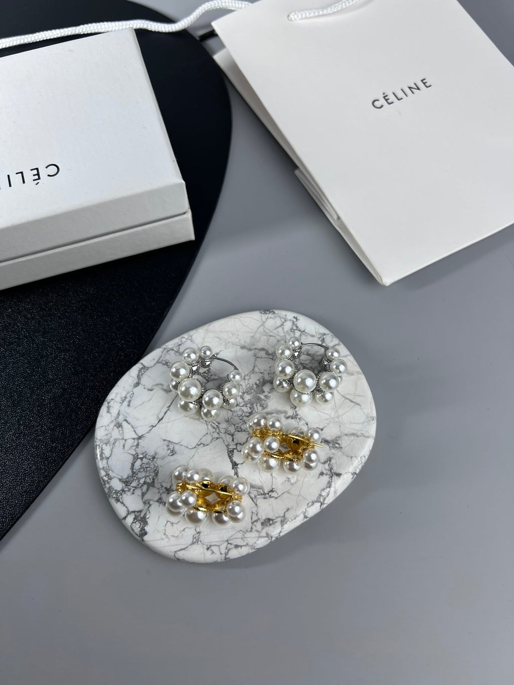 Celine Triomphe Two-Rows Pearl Earrings - 18K Gold