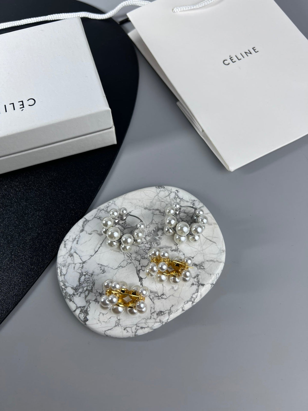Celine Triomphe Two-Rows Pearl Earrings - 18K Gold
