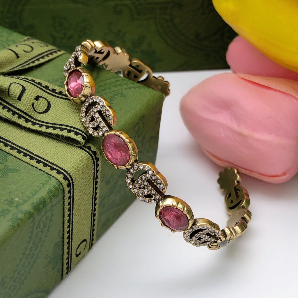 Gucci Double G Red Crystals Open Cuff Bracelet