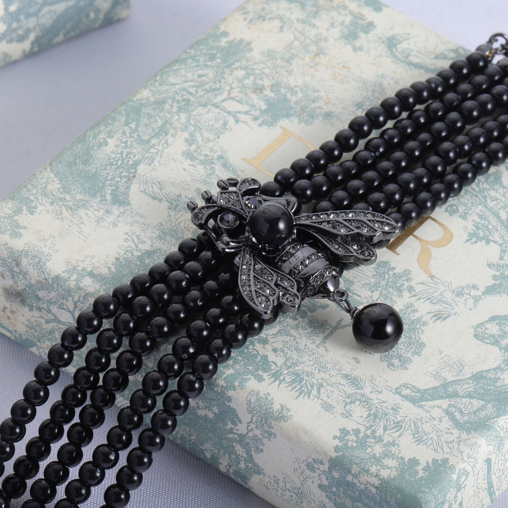 Dior Bee Black Pearls Chain Necklace