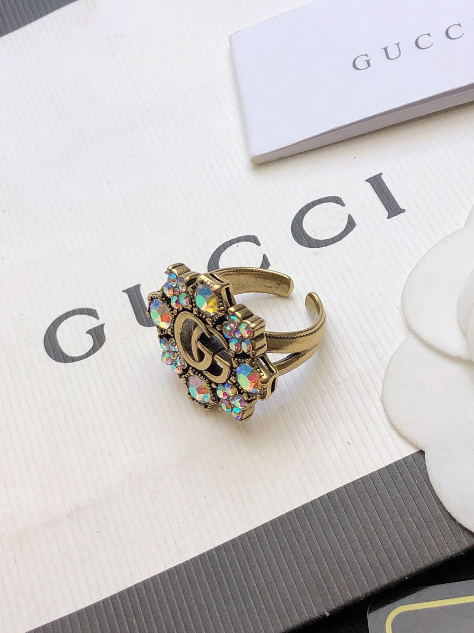Gucci Double G Crystal Flower Ring - 18K Yellow Gold