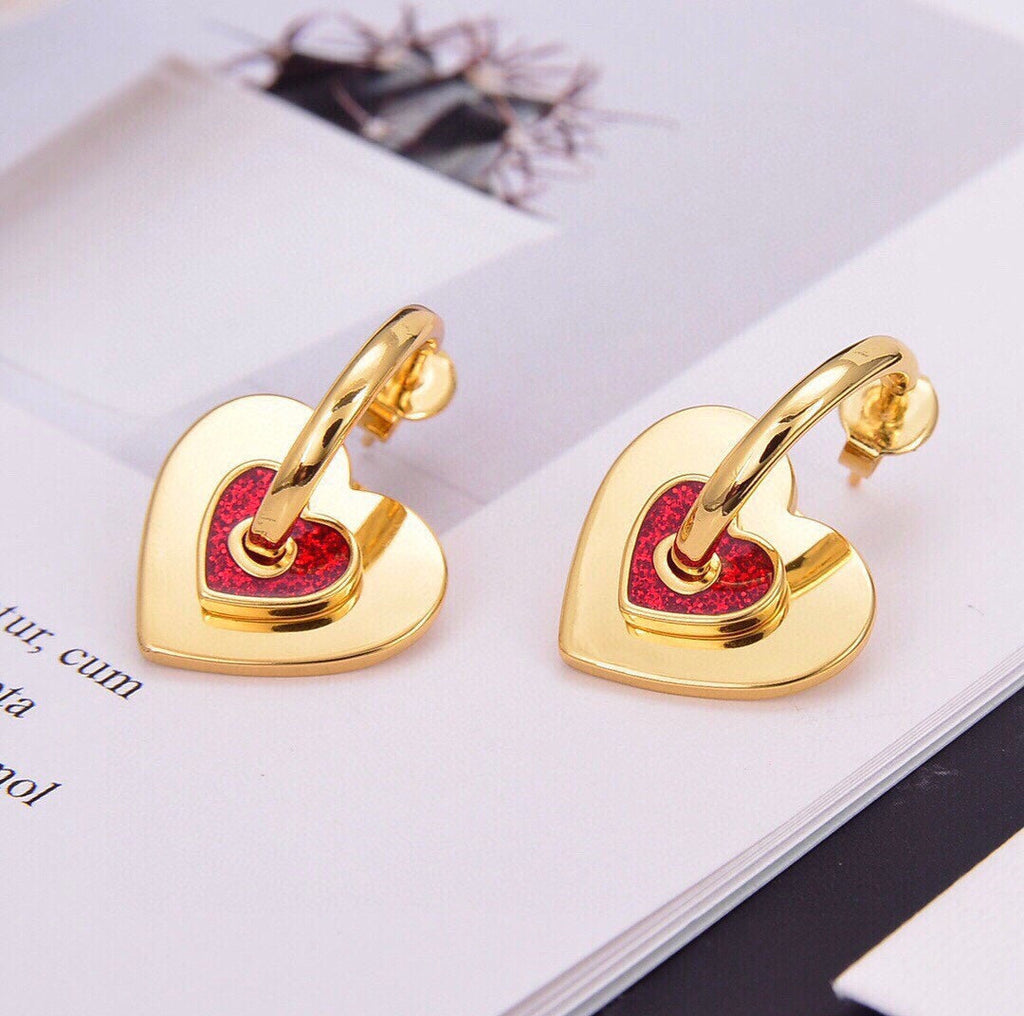 Celine Triomphe Red Heart Earrings - 18K Yellow Gold