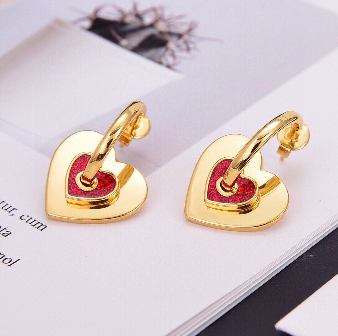 Celine Triomphe Red Heart Earrings - 18K Yellow Gold