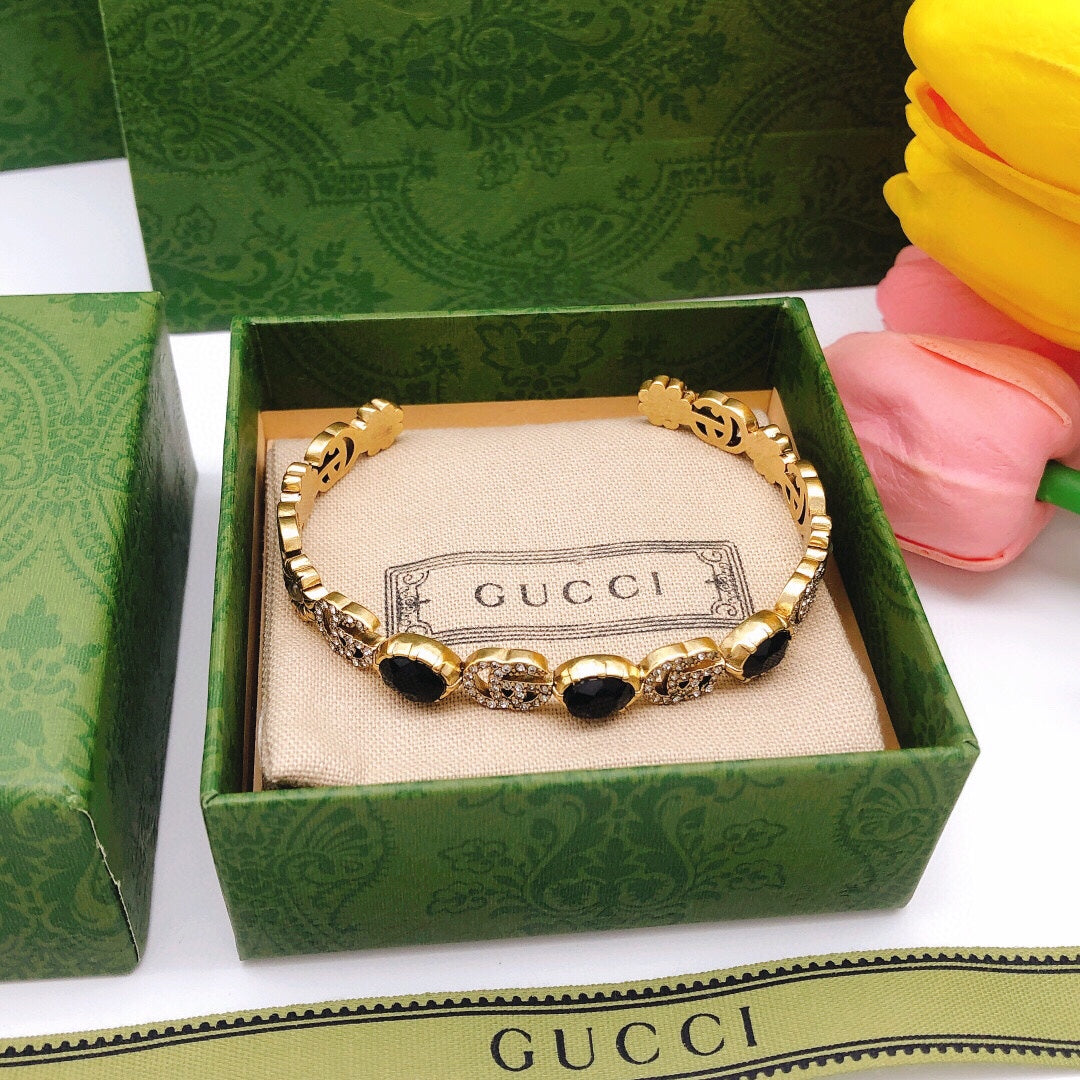 Gucci Double G Flowers Black Crystals Open Cuff Bracelet
