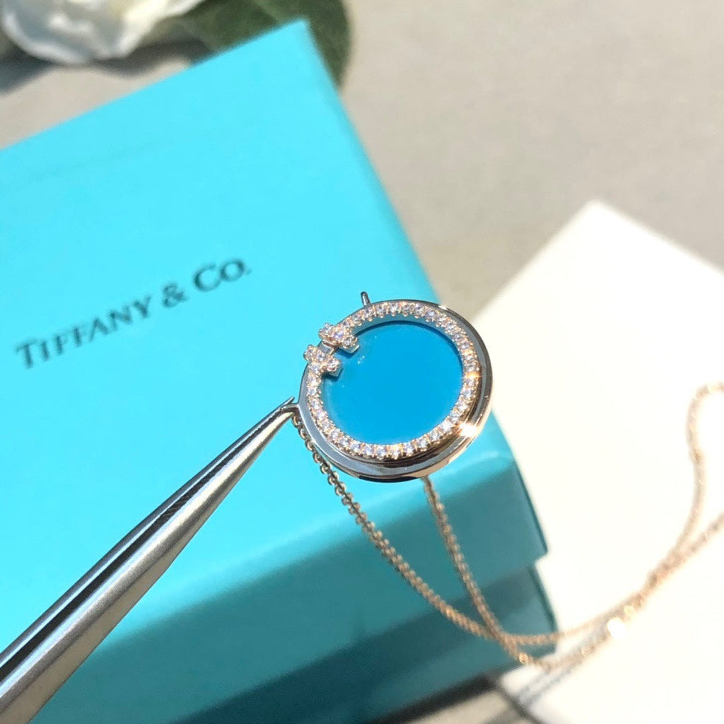 Tiffany Diamond & Turquoise Circle Pendant Necklace