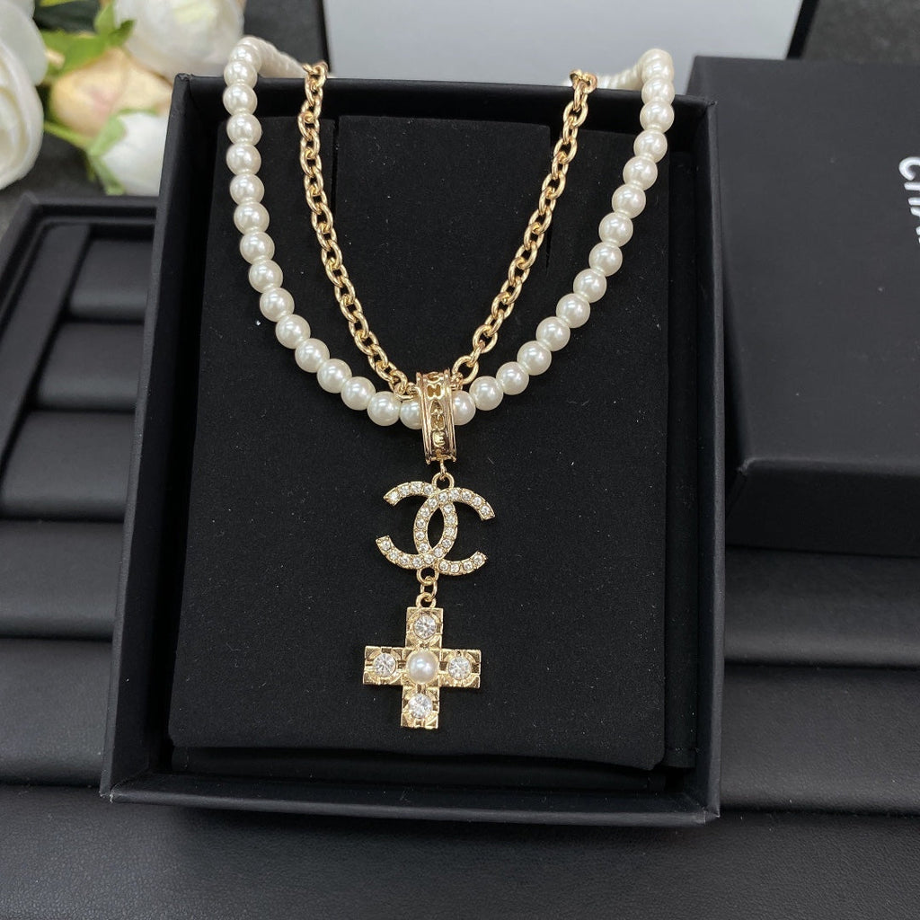 Chanel Cross Diamond Pearl Chain Necklace