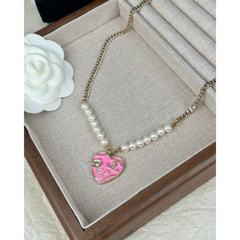 Chanel Pink & Black Heart Pearl Necklace