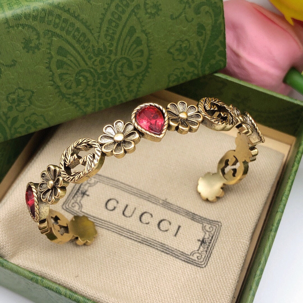 Gucci Double G Flowers Red Crystals Open Cuff Bracelet