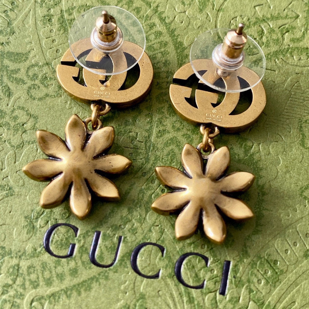 Gucci Double G Flower Pendant Earrings - 18K Yellow Gold