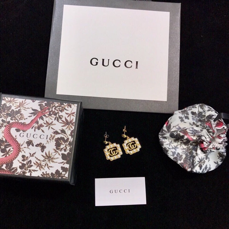 Gucci Double G Square Pearl Earrings - 18K Yellow Gold