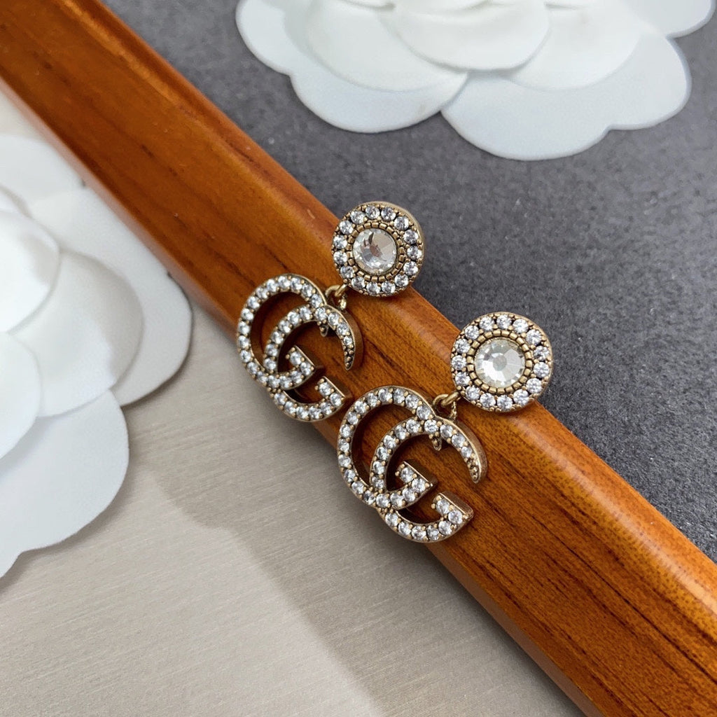 Gucci Double G Crystal Pendant Earrings - 18K White Gold