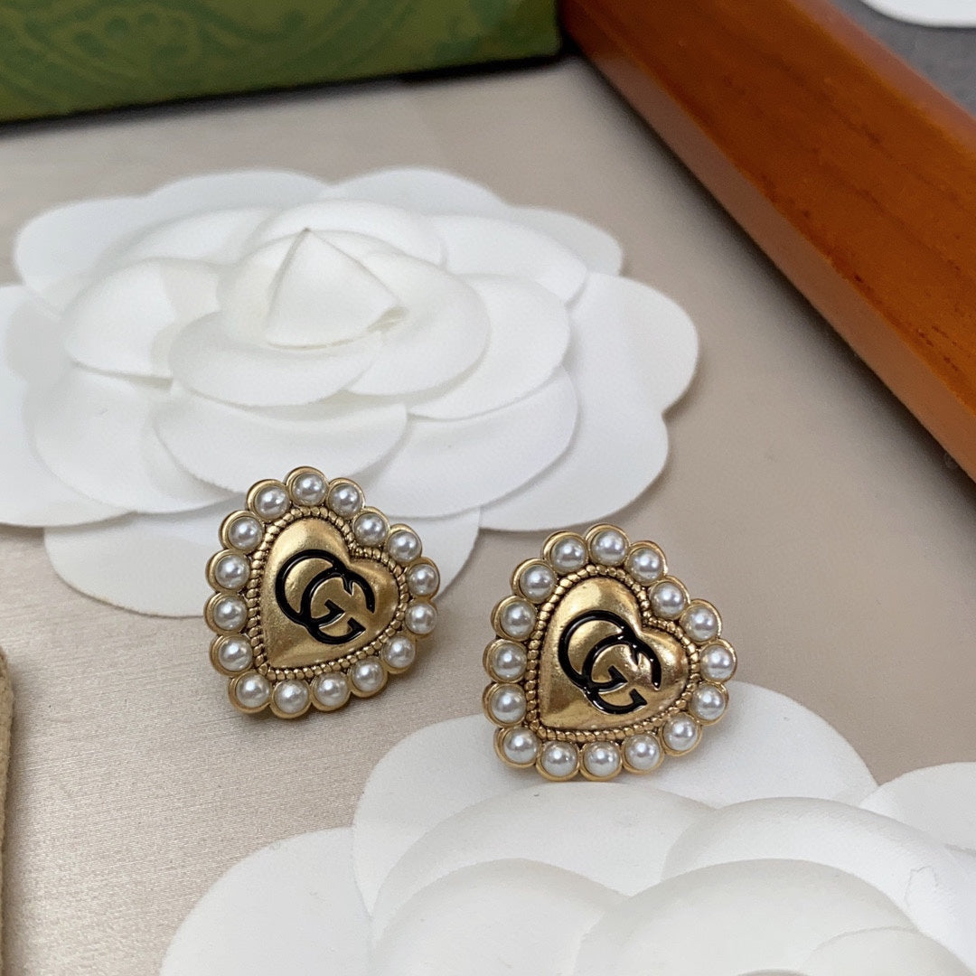 Gucci Double G Heart Pearl Earrings - 18K Yellow Gold