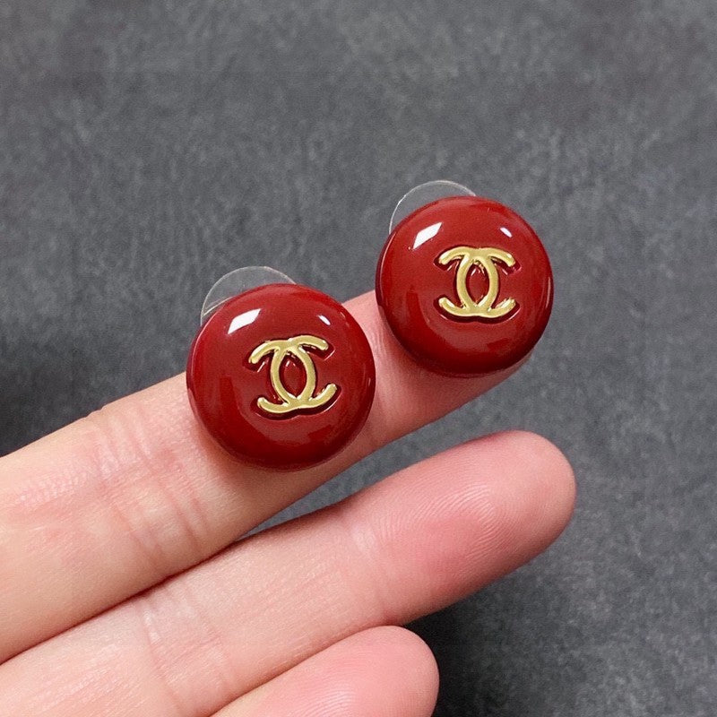Chanel Wine Red Round Earrings - 18K Yellow Gold