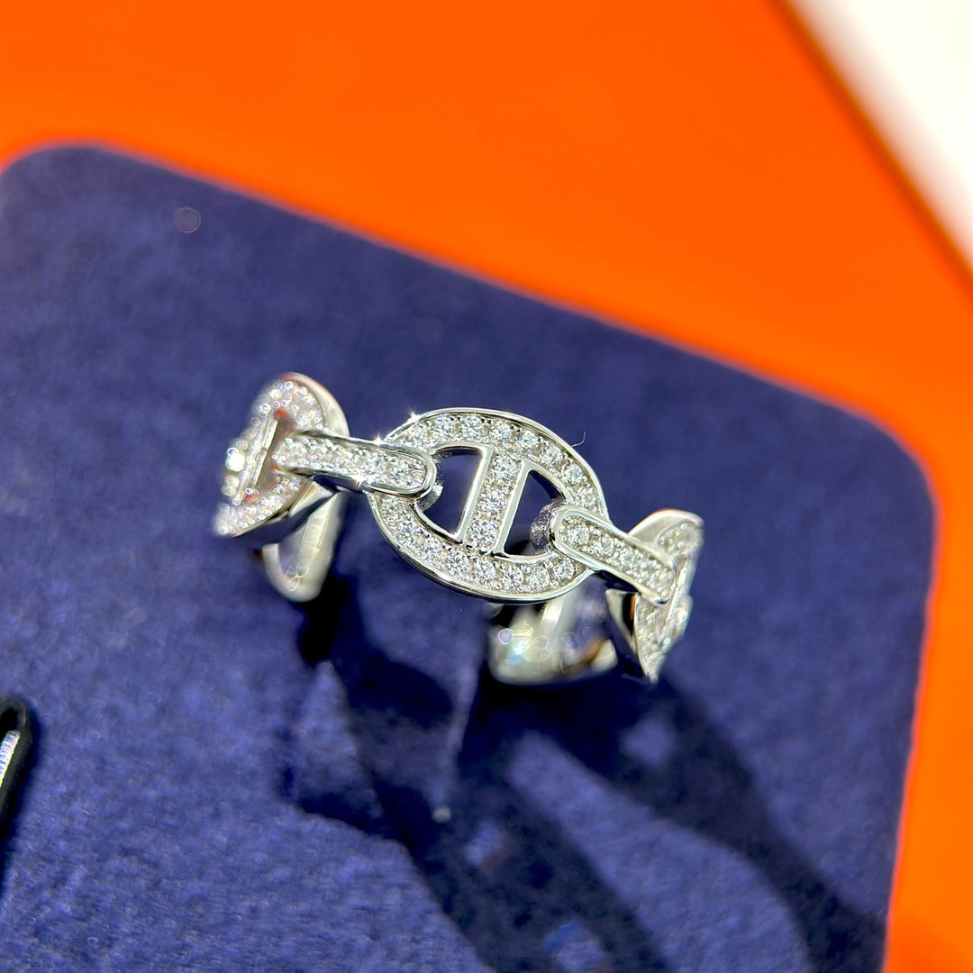 Hermes Chaine d'Ancre Enchainee Diamond Ring - 18K White Gold