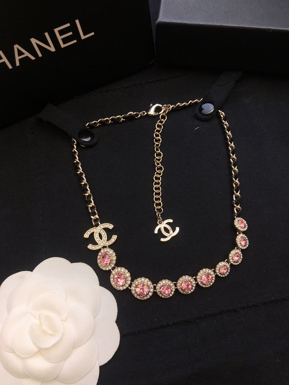 Chanel Pink Crystals Leather Necklace