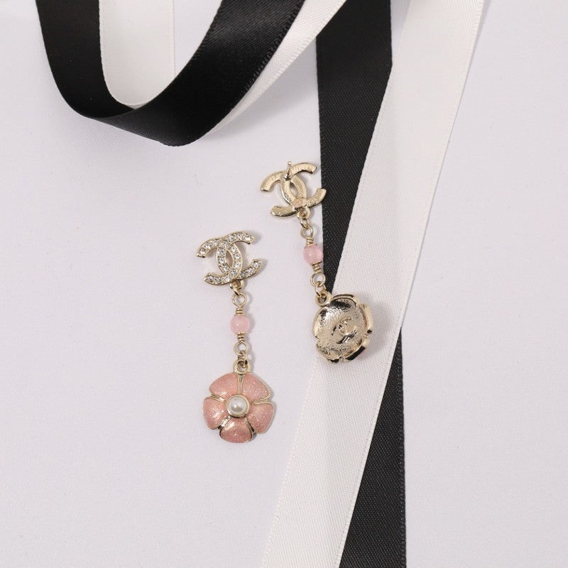 Chanel Black & Pink Camellia Diamond Long Earrings - 18K Gold