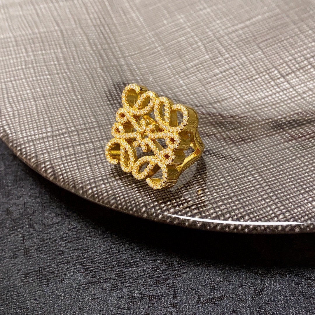 LOEWE Anagram Crystal Ring - 18K Yellow Gold