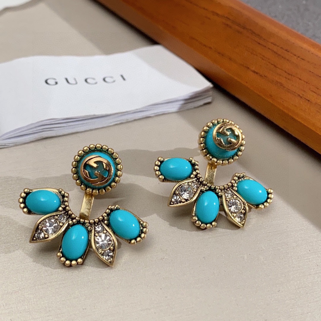 Gucci Double G Blue Flowers Earrings - 3.5 cm Height - 18K Yellow Gold