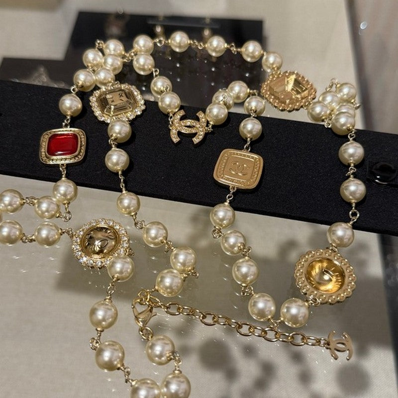 Chanel Long Pearl Red Crystal Necklace