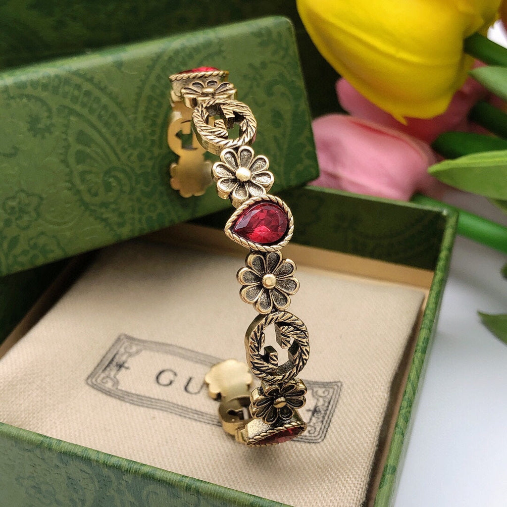 Gucci Double G Flowers Red Crystals Open Cuff Bracelet
