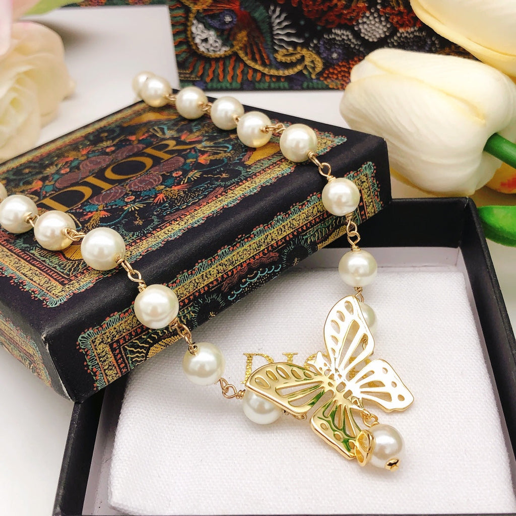 Dior Butterfly Pearl Chain Necklace