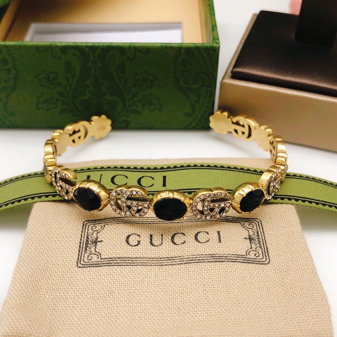 Gucci Double G Flowers Black Crystals Open Cuff Bracelet