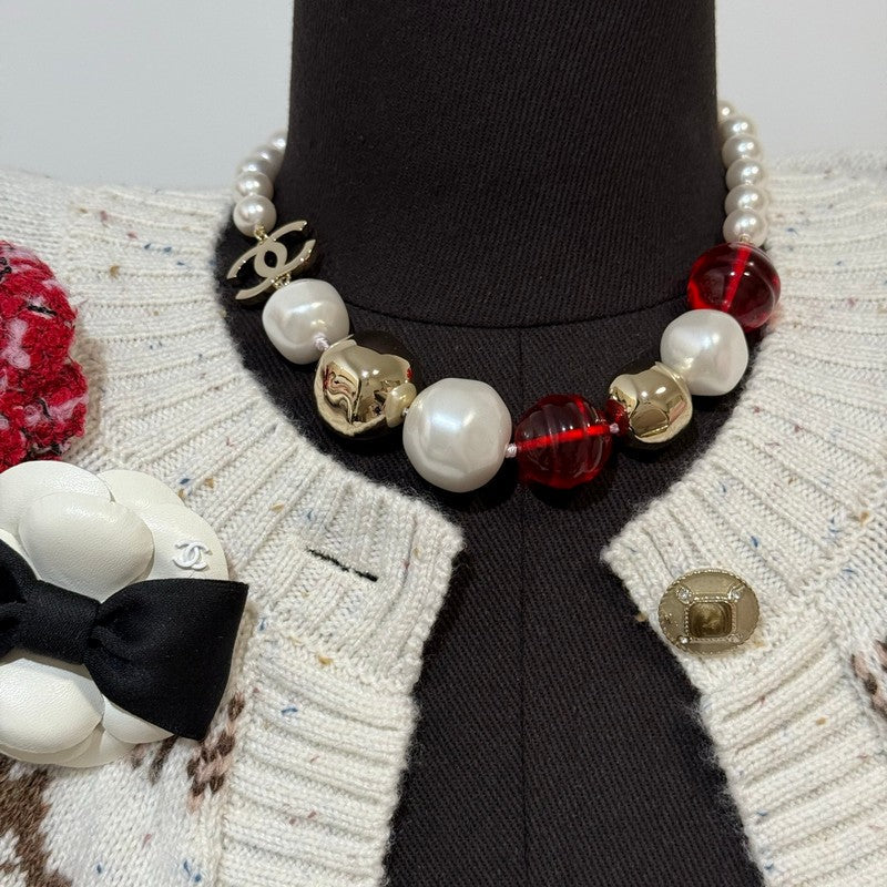 Chanel Red Crystal Pearl Choker Necklace