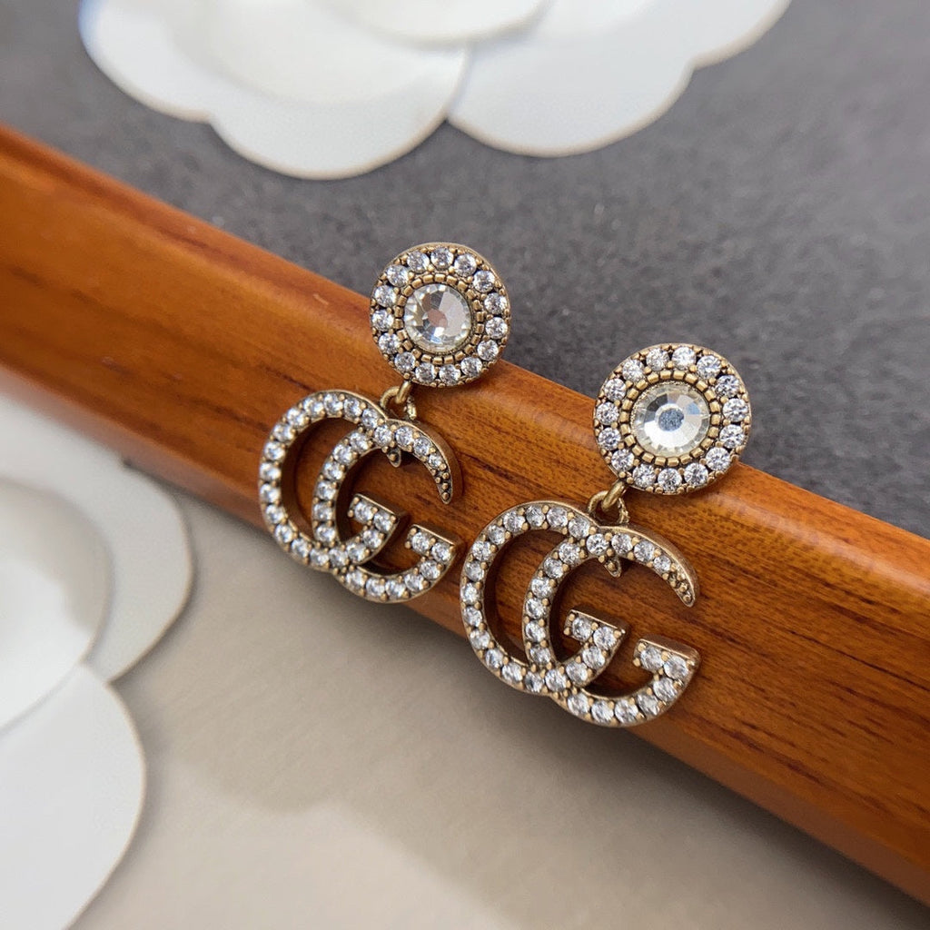 Gucci Double G Crystal Pendant Earrings - 18K White Gold