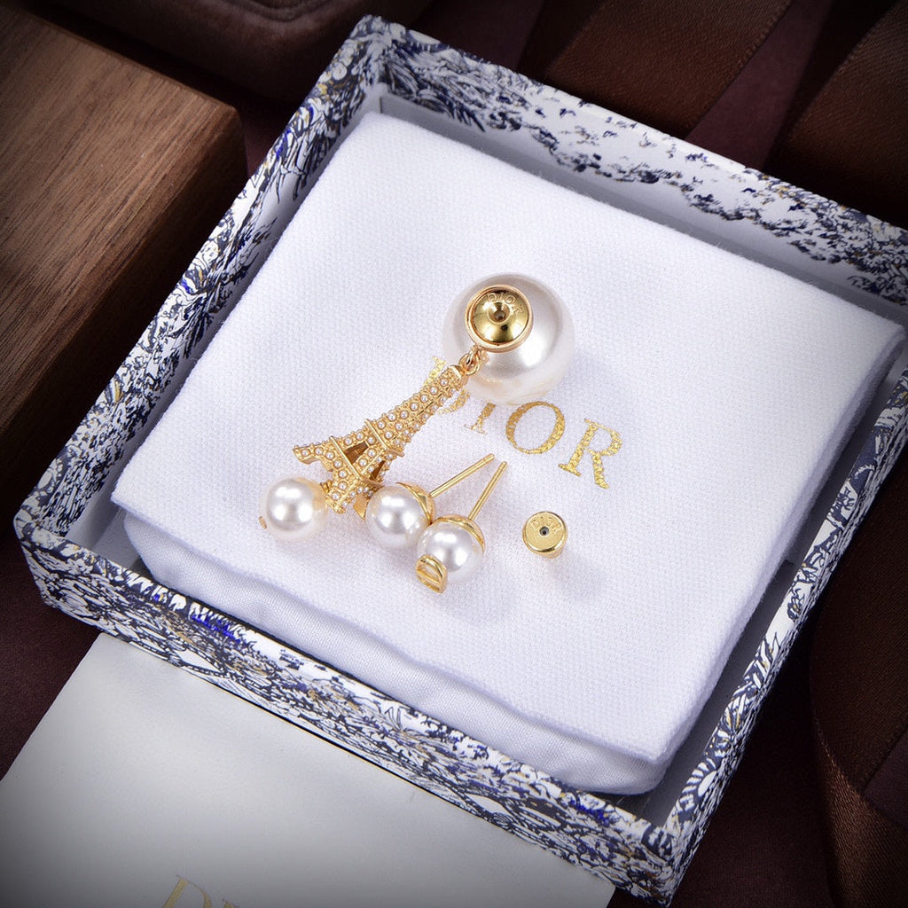 Dior Tribales Eiffel Tower Charm White Pearl Earrings