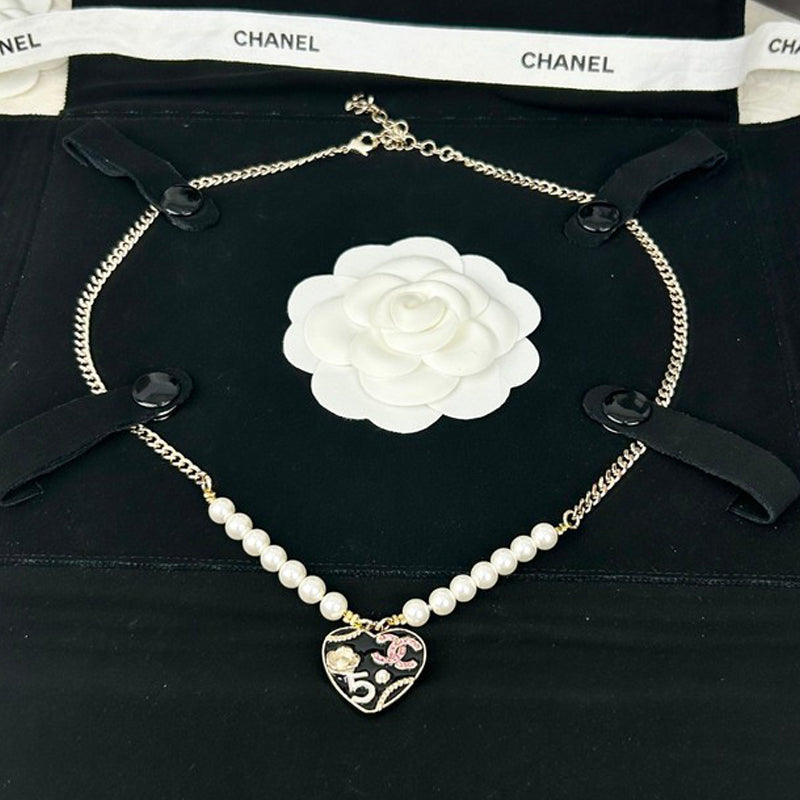 Chanel Pink & Black Heart Pearl Necklace