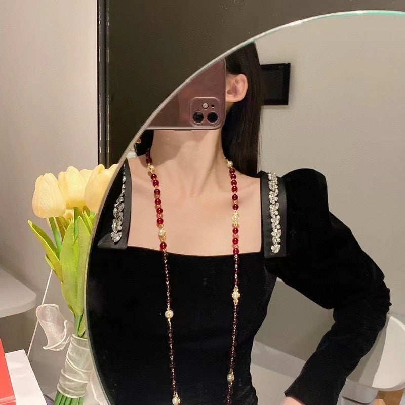 Chanel Long Red & White Pearl Necklace