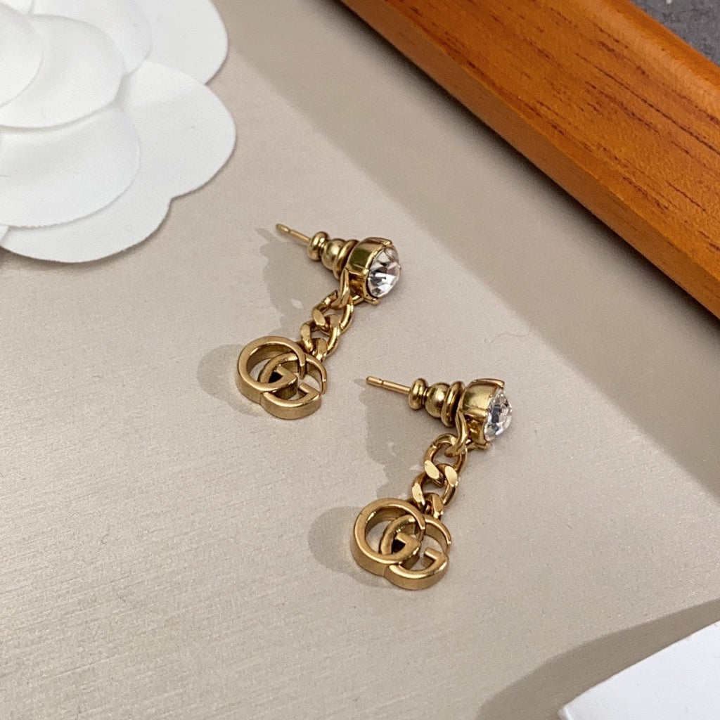 Gucci Double G Crystal Chain Earrings - 18K Yellow Gold